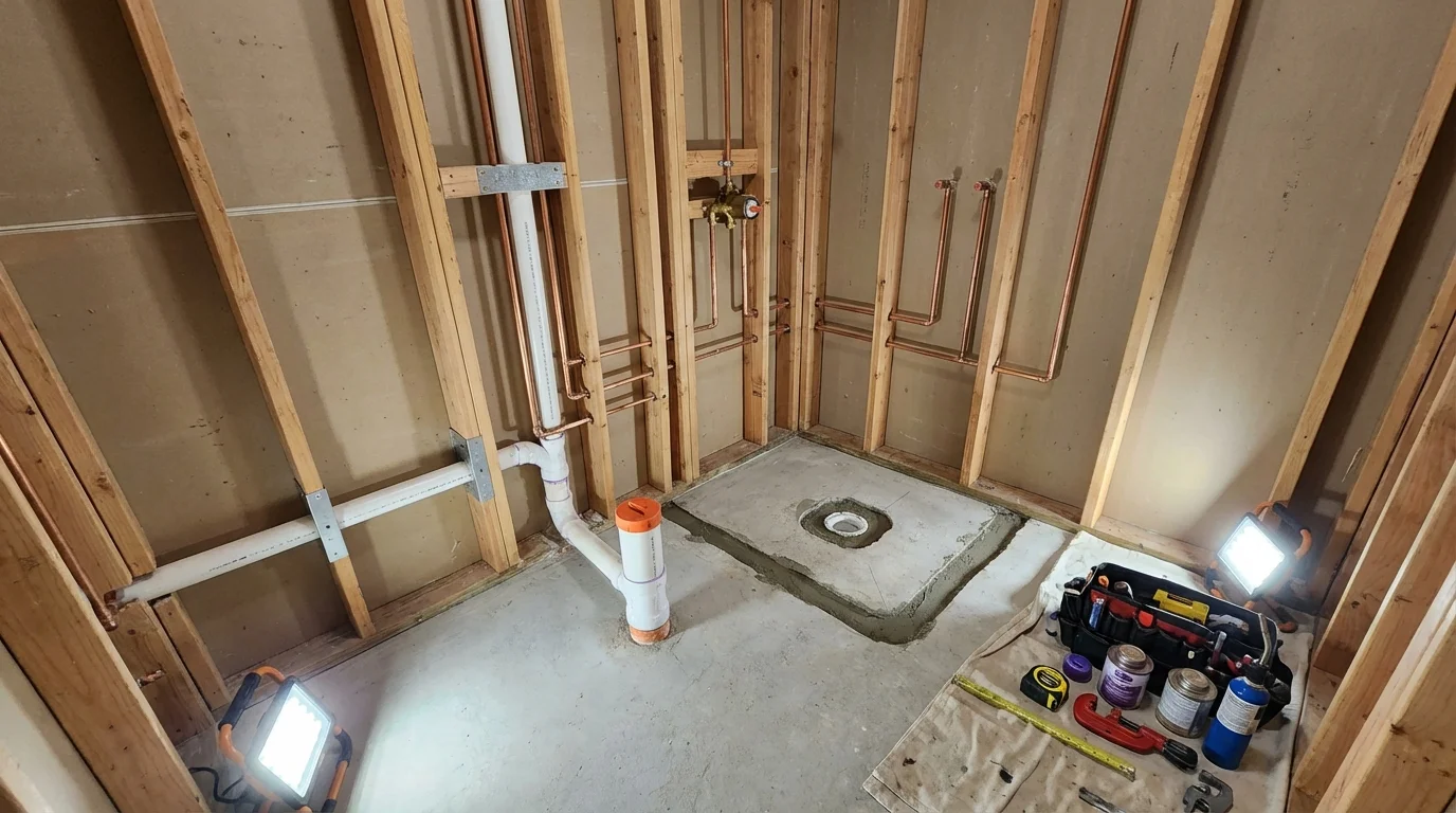 Bathroom rough-in plumbing during remodel by Johns Plumbing LLC in Saint John