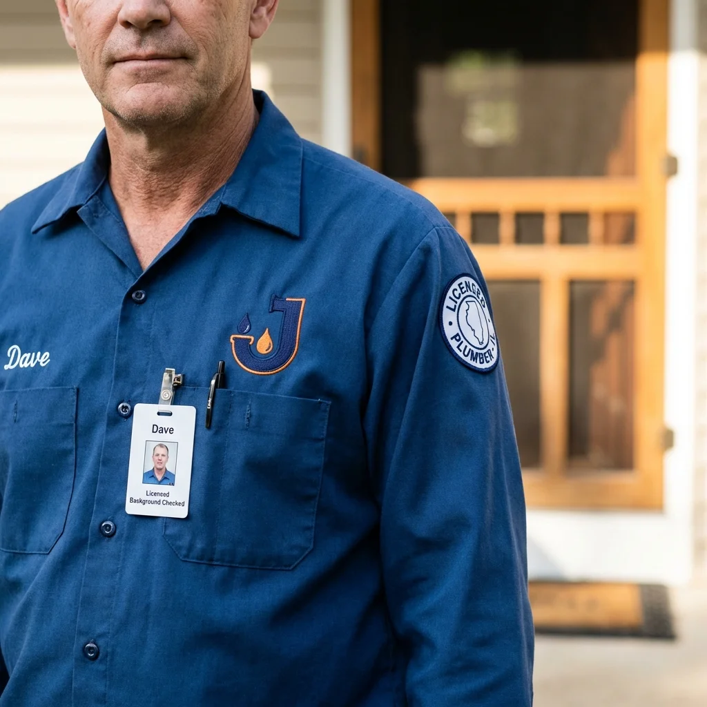 Licensed plumber showing ID badge in Saint John, IN