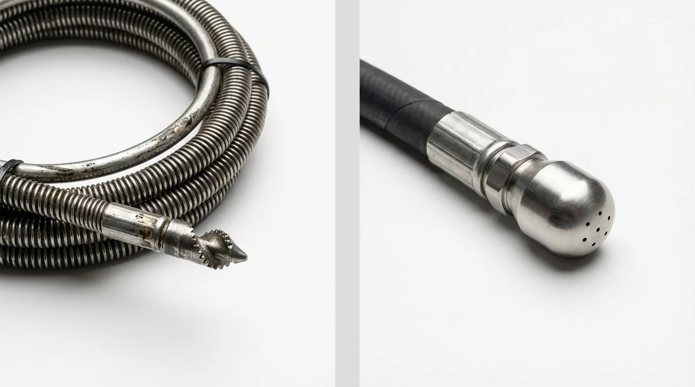 Drain snake cable and hydro jetting nozzle used for drain cleaning in Saint John, IN