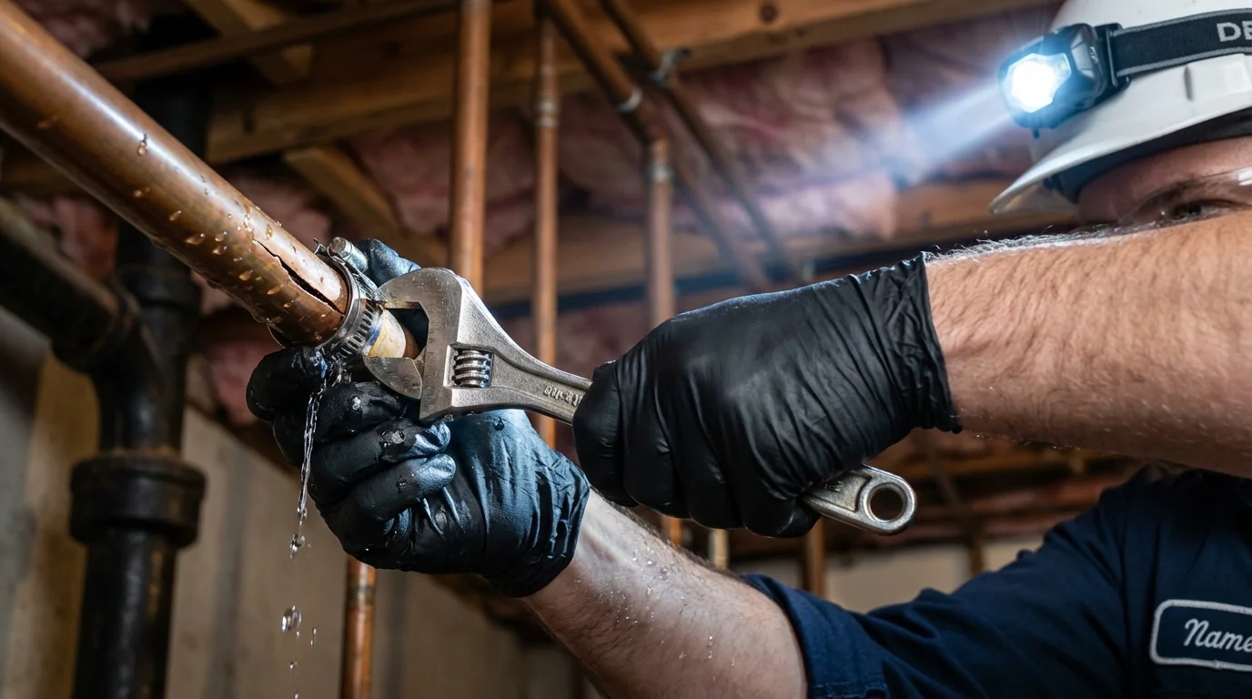Emergency pipe clamp repair being performed by a Johns Plumbing LLC plumber in Saint John