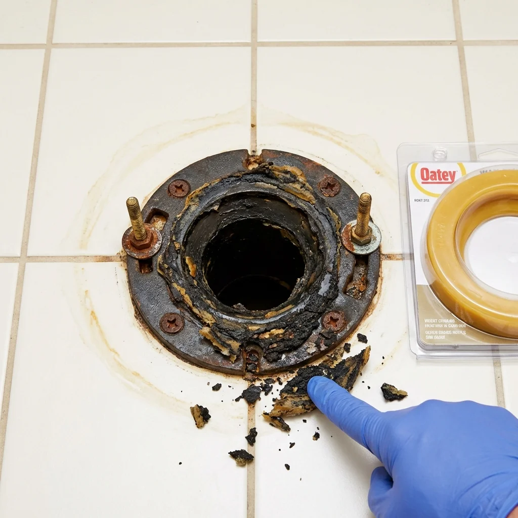 Failed wax ring showing water seepage at the base of a toilet in a Saint John, IN home