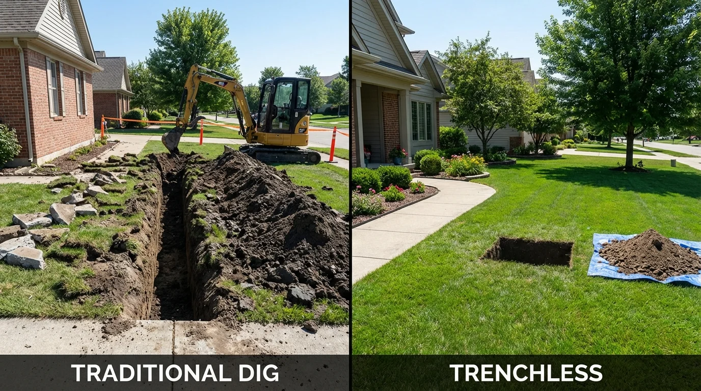 Trenchless sewer repair with minimal yard damage versus traditional excavation in Saint John, IN
