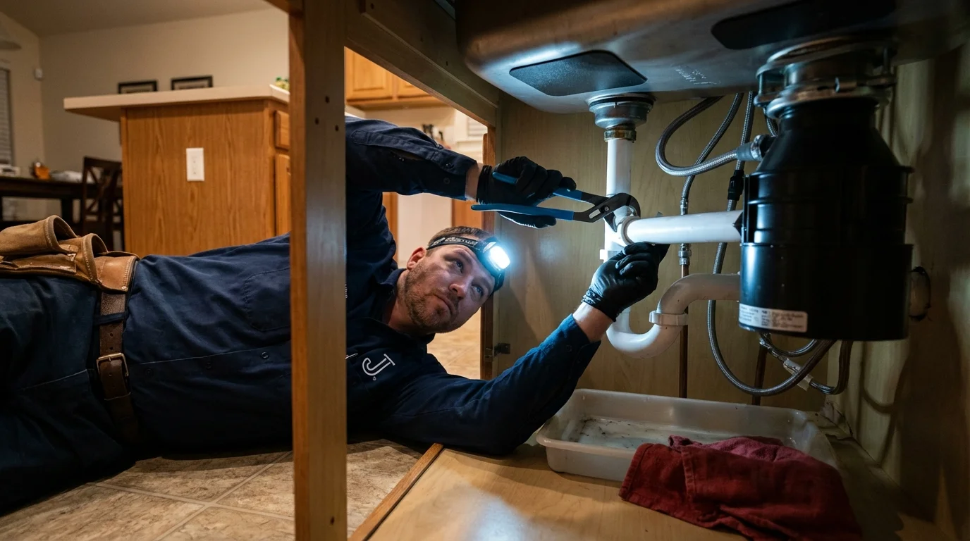 P-trap and supply line connections under a kitchen sink showing a common leak point in Saint John, IN